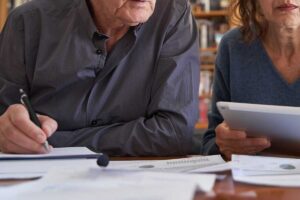 couple looking at budget